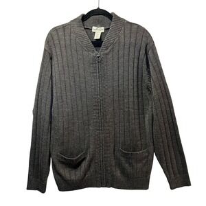 David Taylor‎ Gray Ribbed Knit Full Zip Cardigan Sweater Pockets M